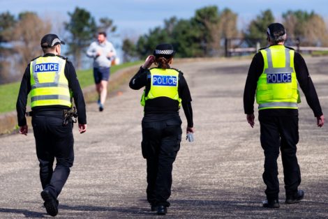 Police patrol public parks and walking areas to enforce the coronavirus lockdown regulations about being outdoor. Police patrol at Gypsy Brae recreation ground on waterfront.