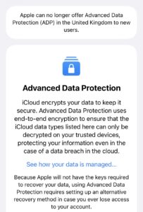 Screenshot of Advanced Data Protection setting on iCloud.